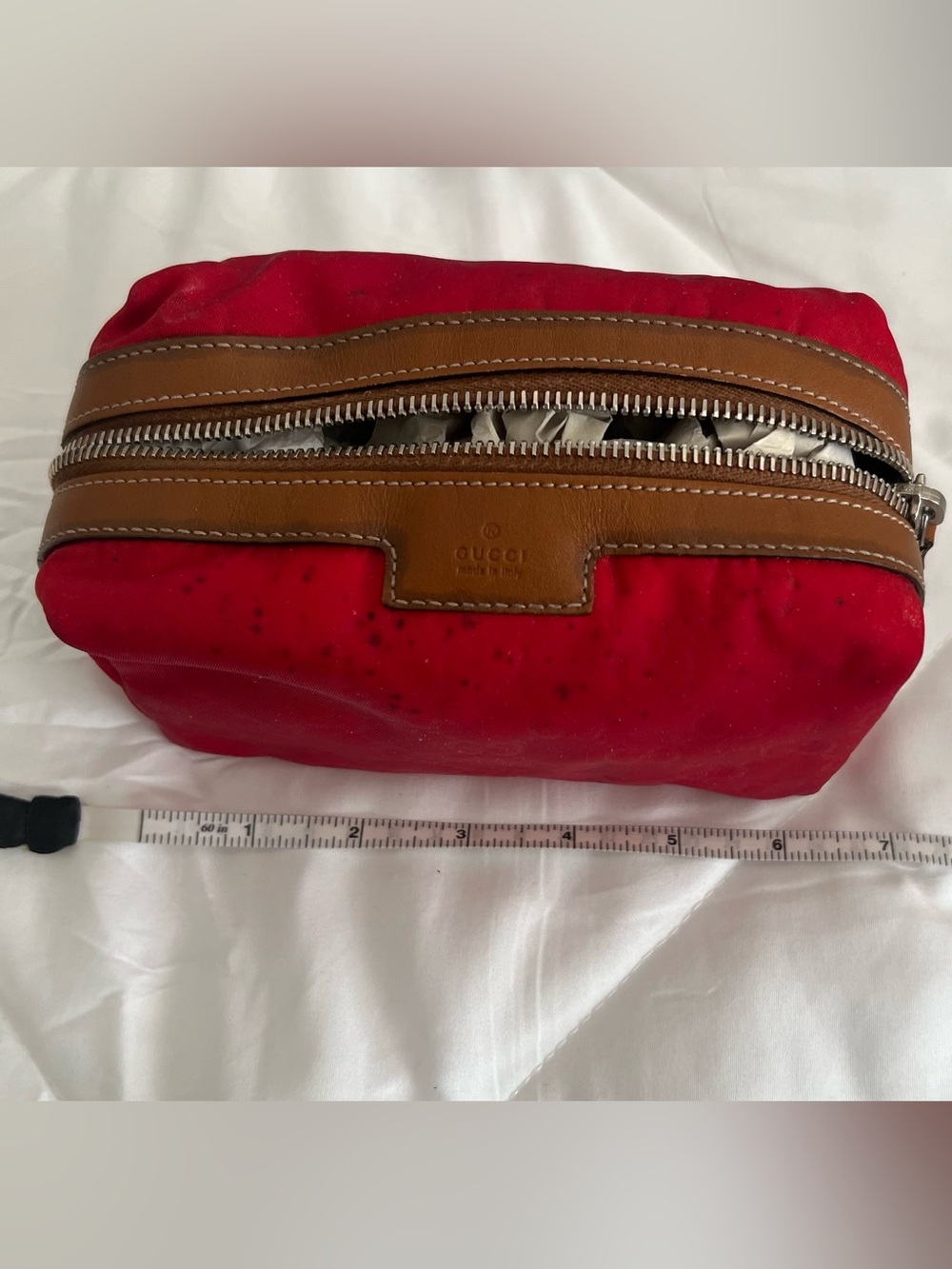 Gucci Red Nylon Toiletry Pouch with Brown Leather Trim